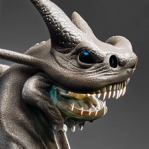 Prompt: realistic miniature of bioluminescent toothless, studio shot, 1 0 0 mm, hyper realism, intricate, digital art, detailed, high definition, smooth, sharp focus