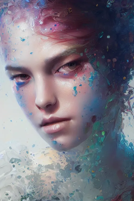 Prompt: face closeup of beautiful girl in intricate detailed color smashing fluid oilpaint, 3 d render, hyper realistic detailed portrait, color leaves, ruan jia, wlop. scifi, fantasy, hyper detailed, octane render, concept art, by peter mohrbacher, by wlop, by ruan jia