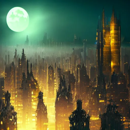 Prompt: fictional city, gothic architecture, cyberpunk, nighttime moonlight, decadent, aerial view, matte painting