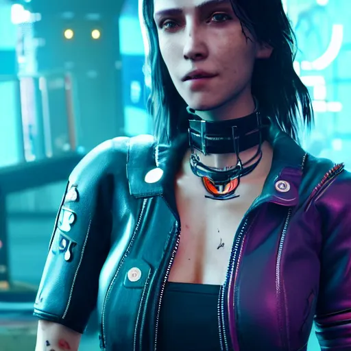 Image similar to female V from Cyberpunk 2077 wearing spiked choker, collar, choker, punk, collar, 4K, realistic, spiked collar, portrait, art, beautiful,