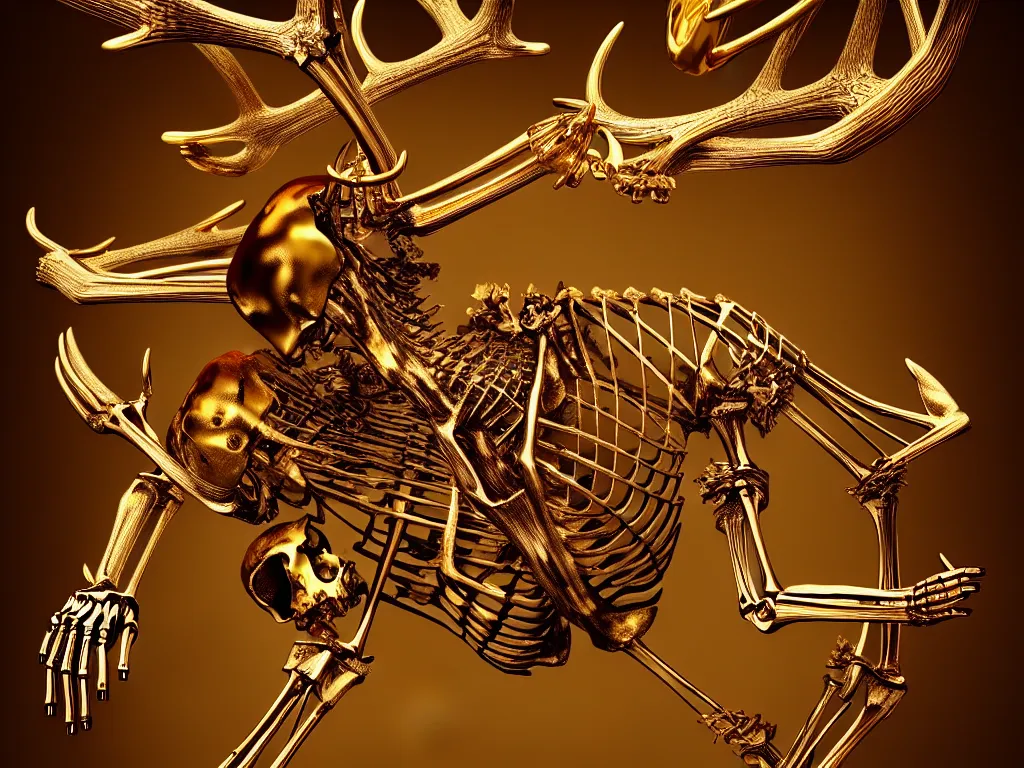 Prompt: deer skeleton dripping gold + chrome plated roses + gilded paracosm, tree of life in the background, moody, dramatic, transcendent, vibrant color, clean linework, finely detailed, 4 k, trending on artstation, photorealistic, volumetric lighting, octane render