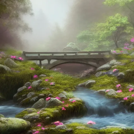 Prompt: matte painting of an old mason bridge decorated with flowers alongside above a small rocky river stream, realistic, 4 k, artstation, dreamy, fog, volumetric lighting, high detail