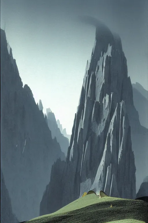 Image similar to a scene in the dolomites by arthur haas and bruce pennington and john schoenherr, cinematic matte painting, minimal modern, zaha hadid building, dark moody color palate,