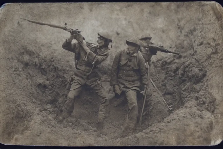 Image similar to soldiers fighting inside of a deep trench, low - angle shot, cinematic, tintype photograph