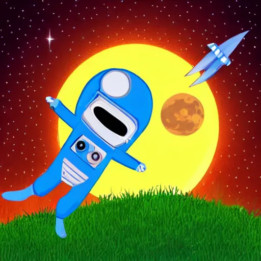 Prompt: cartoon astronaut floating around the moon with a rocket ship and shooting stars in the background, children's book illustration, highly detailed, high quality, bright colors,