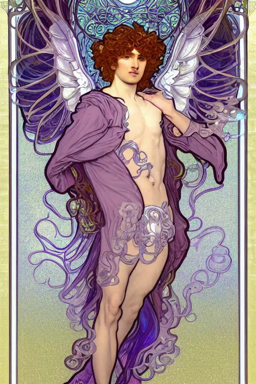 Prompt: full figure art nouveau window depicting a young fit male angel with curly blond hairs, dressed with fluent clothes, majestic wings, luminous halo, by alfons mucha, d & d character, gradient white to gold, in front of an iridescent background, highly detailed portrait, digital painting, artstation, concept art, smooth, sharp focus, illustration, artstation hq