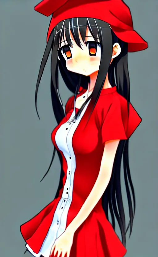 Image similar to anime girl with a detailed face and black hair in a red outfit, full body, trending, illustration