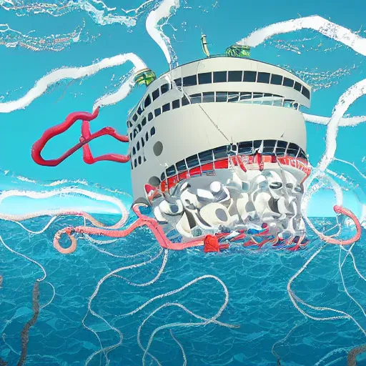 Image similar to A giant squid destroying a cruise ship in the middle of the ocean, digital art