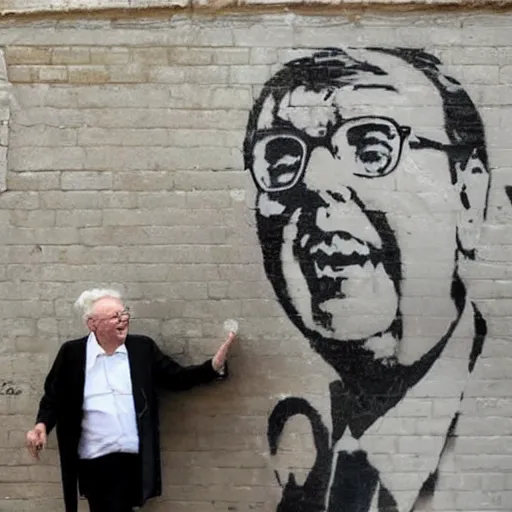 Prompt: A photograph of a Banksy painting of Warren Buffet and Paul McCartney in Venice