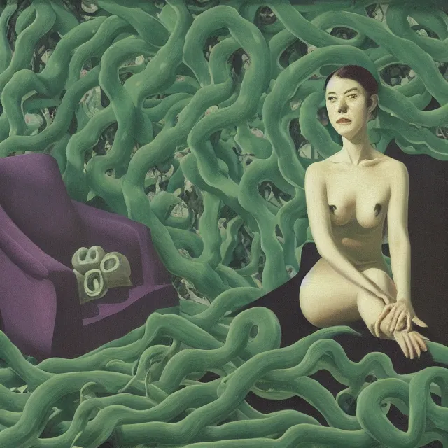 Image similar to a pathology student in her apartment, wrapped in vines, large stones, octopus, black walls, ikebana, black armchair, puddles, moss, acrylic on canvas, surrealist, by magritte and monet