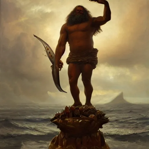 Image similar to by michael malm stormy. a sculpture of a mythological scene. large, bearded man seated on a throne, surrounded by sea creatures. he has a trident in one hand & a shield in the other. behind him is a large fish. in front of him are two smaller creatures.