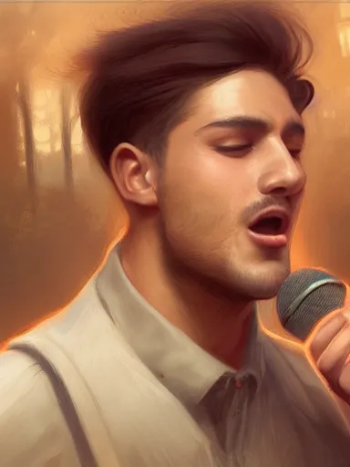 Prompt: a young handsome man, singing in a public square. intricate, elegant, highly detailed, digital painting, artstation, concept art, sharp focus, illustration, by justin gerard and artgerm, 8 k