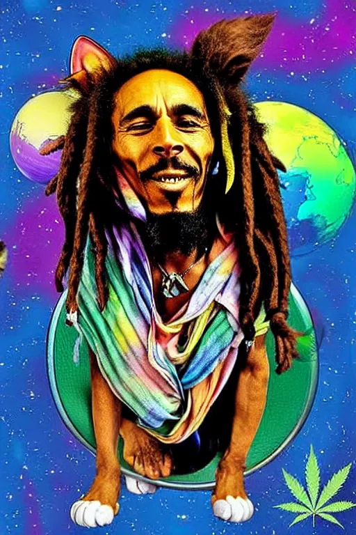 Image similar to A cat with the fashion sense Of Bob Marley floating in space with cannabis