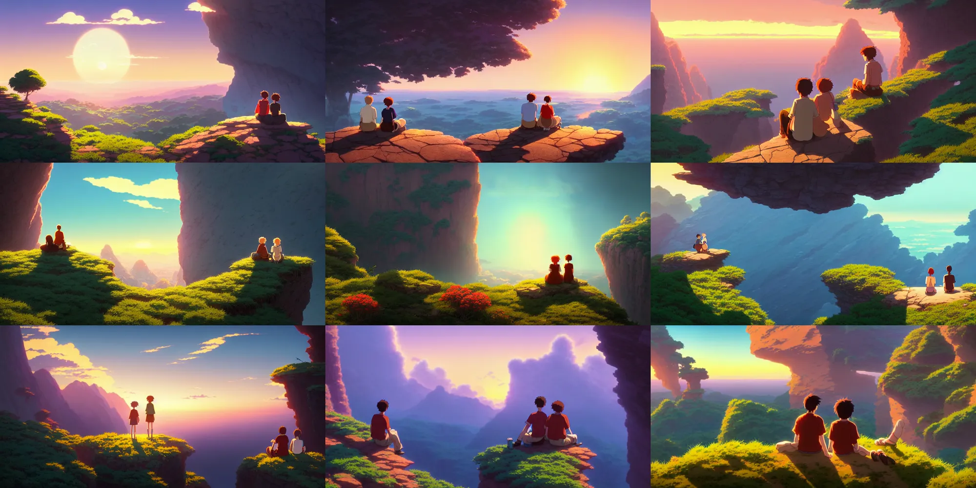 Image similar to a couple sitting over the precipice, looking at sunset, studio ghibli, pixar and disney animation, sharp, rendered in unreal engine 5, anime key art by greg rutkowski, bloom, dramatic lighting