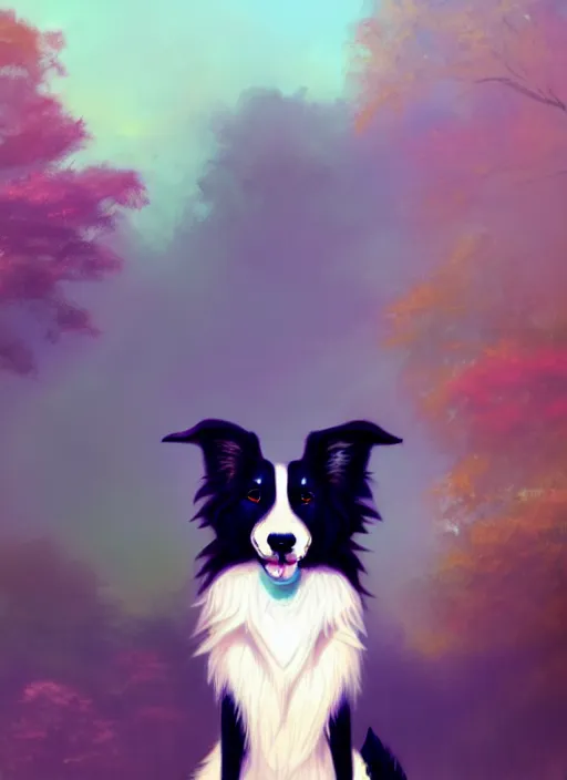 Image similar to wide angle beautiful full body portrait of a cute anthro male border collie fursona with two legs posing in front of a park, character design by charlie bowater, henry asencio, and ross tran, furry art, furaffinity, scenic background, beautiful, glamor pose, detailed, aesthetic, trending on artstation