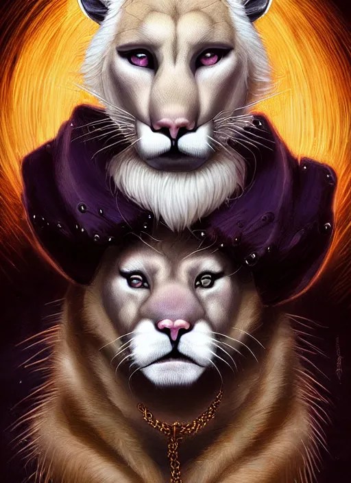 Image similar to award winning beautiful portrait commission of a male furry anthro albino mountain lion with a beautiful hyperdetailed attractive outfit and face wearing a golden and black rockstar outfit on a stage. Character design by charlie bowater, ross tran, and makoto shinkai, detailed, inked, western comic book art