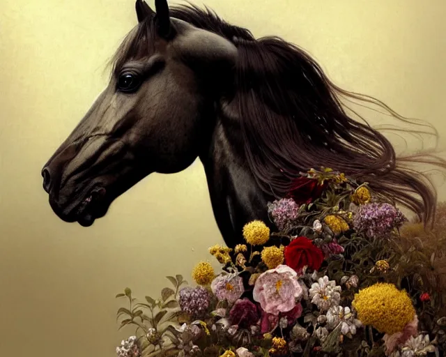 Image similar to side portrait of a horse which disintegrates into ornamental flowers and plants, uniquely beautiful animal, emotionally evoking symbolic metaphors, head in focus, heavily gothic ornamental, intricate, elegant, highly detailed photorealistic digital painting, artstation, concept art, painterly, golden ratio, sharp focus, illustration, art by greg rutkowski and alphonse mucha,