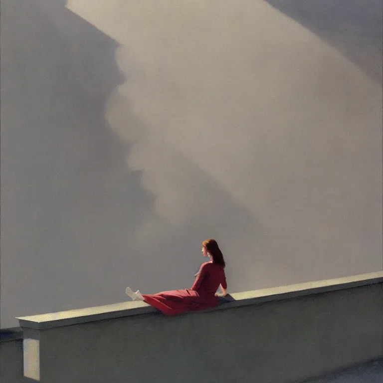 Image similar to woman sitting on a ledge, fog, early morning, , painted by Edward Hopper, Robert McGinnis, painted by Wayne Barlow, airbrush