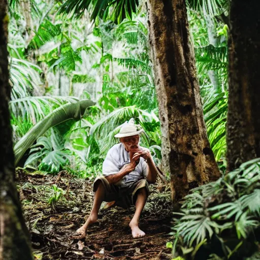 Prompt: an elderly man eating a mushroom in lush tropical jungle, 🍄, canon eos r 3, f / 1. 4, iso 2 0 0, 1 / 1 6 0 s, 8 k, raw, unedited, symmetrical balance, in - frame