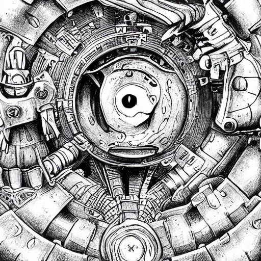 Image similar to heavy armor battle tank painted in white and black yin - yang dao symbol firing at dystopia, cosmos backdrop, detailed pencil drawing escher style xenopunk alien aesthetics