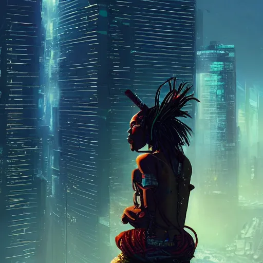 Image similar to a cyberpunk zulu warrior sitting on a cliff watching an enormous city burn!!! from a distance at night, fire!!, by alena aenami and android jones and greg rutkowski, Trending on artstation, hyperrealism, elegant, stylized, highly detailed digital art, 8k resolution, hd, global illumination, radiant light, detailed and intricate cyberpunk ghetto environment, rendered in octane, post processed, wide angle, dynamic portrait