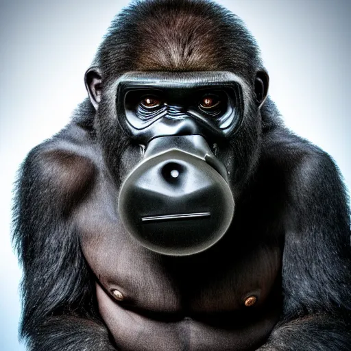 Prompt: high quality photo of A gorilla wearing a gas mask, realism, 8k, award winning photo