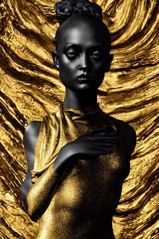 Prompt: hyperdetailed masterpiece portrait of a glossy black marble statue of a ballerina covered in gold metallic liquid in the style of virgil abloh, offwhite, heron prestorn, denoise, vogue, paris, fashion, louvre museum, highly detailed, realistic, hyperreal, 8 k, 4 k, render