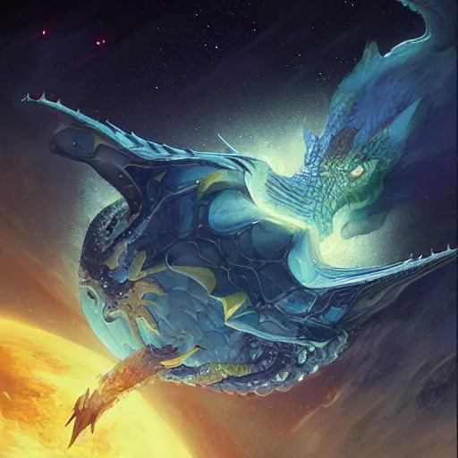 Prompt: Blue scaled dragon devouring an earth like planet while flying in space, European dragon, sun system, nebula, oil painting, by Fernanda Suarez and Edgar Maxence and Greg Rutkowski