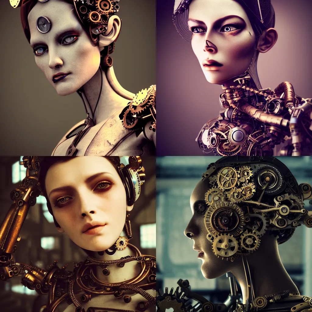 Prompt: a beautiful mechanical woman with a cracked porcelain face, steampunk, gears, intricate details, portrait, realistic octane render, shallow depth of field, 8k