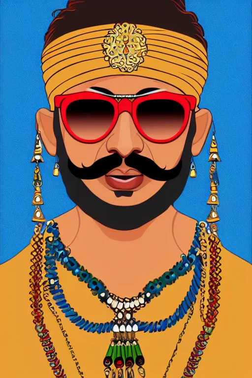 Prompt: face portrait of a rajasthani man with long moustache and beard and rajasthani pagdi wearing cool sunglasses and jewelry having lots of tattoos and earrings, art by butcher billy, sticker, colorful, illustration, highly detailed, simple, smooth and clean vector curves, no jagged lines, vector art, smooth