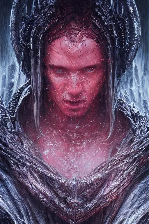 Image similar to realistic portrait of beautifully crystalized and detailed portrait of a dark mage, matte painting of cinematic movie scene red dragon, horror, created by gustave dore and greg rutkowski, high detailed, smooth draw, synthwave neon retro, intricate, realistic proportions, dramatic lighting, trending on artstation.