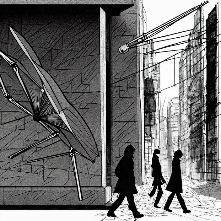 Prompt: folded umbrellas on a stall, in a square, pedestrians walk past. background of old soviet monument. storyboard, scifi cyberpunk. by gabriel hardman, joe alves, chris bonura. cinematic atmosphere, detailed and intricate, perfect anatomy