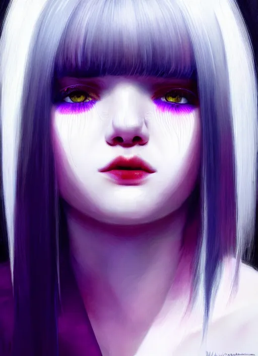 Image similar to hair whitebangs hair, black hair, whitebangs, portrait of teenage girl with white bangs, red irises, purple clothes, white bangs, bangs are different color from hair, intricate, elegant, glowing lights, highly detailed, digital painting, artstation, concept art, smooth, sharp focus, illustration, art by wlop, mars ravelo and greg rutkowski