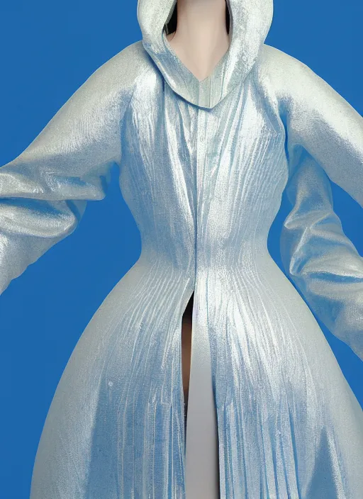 Image similar to a digital portrait of an european girl detailed features wearing a cyber kimono latex suit wedding dress - synthetic materials imac bondi blue 1 9 9 8 by issey miyake by ichiro tanida and mitsuo katsui