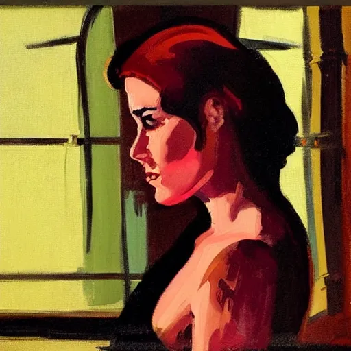 Image similar to portrait profile of a mysterious beautiful women in 1 9 7 8. oil painting by john watkiss