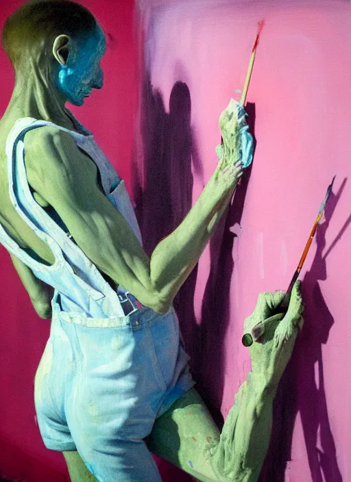Image similar to a skinny, starving artist wearing overalls, painting the walls inside a chernobyl sarcophagus, hauntingly surreal, highly detailed painting by francis bacon, edward hopper, adrian ghenie, gerhard richter, and james jean, soft light 4 k in pink, green and blue colour palette