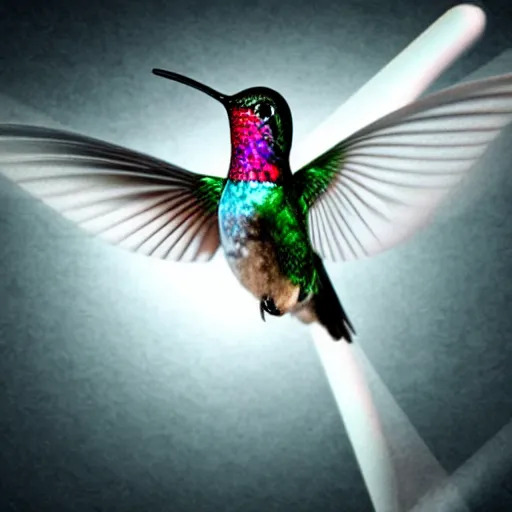 Prompt: realistic!!!! cybernetic!!!!!!!!!!!! hummingbird, studio lighting, dark background, exposed mechanics