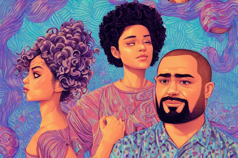 Prompt: a hispanic light - skinned girl with medium length curly hair, and a short - bearded mixed race man with short curly hair, in love, tristan eaton, victo ngai, artgerm, rhads, ross draws