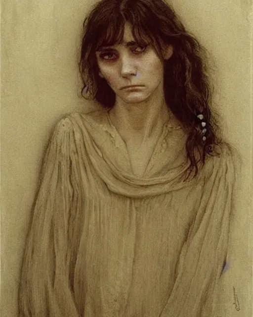 Prompt: a beautiful but sinister, creepy young woman who looks like a young shirley henderson in layers of fear, with haunted eyes and curly hair, 1 9 7 0 s, seventies, delicate embellishments, a little blood, crimson, painterly, offset printing technique, by jules bastien - lepage