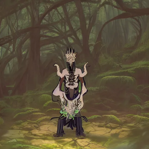 Image similar to concept art painting of an anthropomorphic dragon king with black robes, a long neck, and skull mask, in a deep forest, cel shaded, in the style of makoto shinkai and james gurney and studio ghibli and moebius