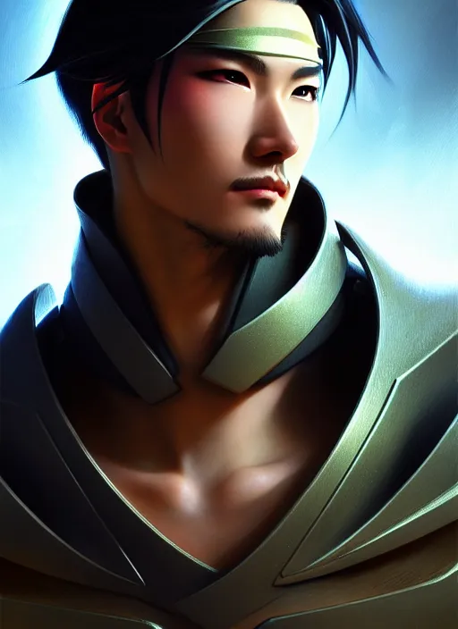 Image similar to lgenji from overwatch, fantasy, fantasy art, character portrait, portrait, close up, highly detailed, scifi art, intricate detail, amazing detail, sharp focus, vintage fantasy art, vintage sci - fi art, radiant light, trending on artstation, caustics, by boris vallejo
