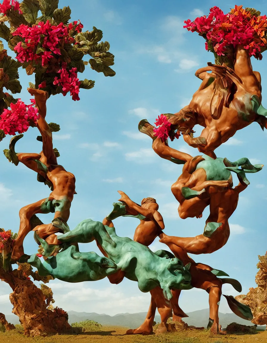 Prompt: a cowboy turning into blooms by slim aarons, by zhang kechun, by lynda benglis, by frank frazetta. tropical sea slugs, angular sharp tractor tires. bold complementary vivid colors. warm soft volumetric light. 8 k, 3 d render in octane. a manly cowboy riding wild flowers sculpture by antonio canova. jade green