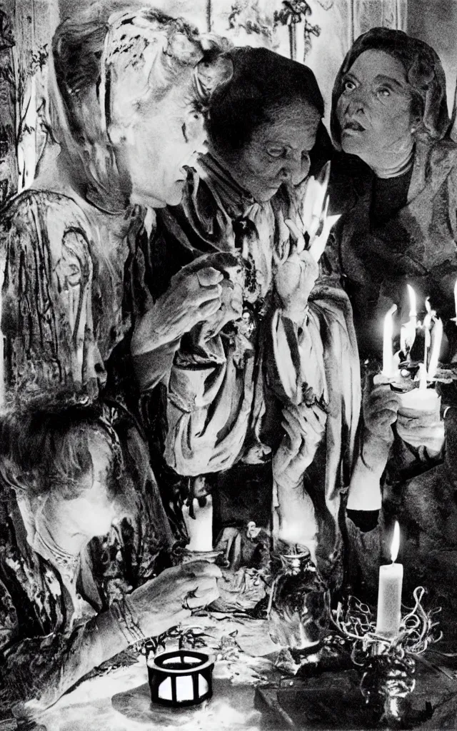 Prompt: a seance conducted by two old women, candle light, ghosts, ominous, by federico fellini