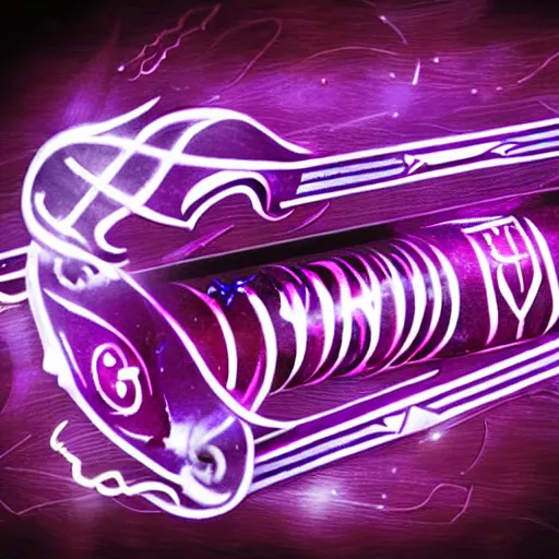 Image similar to a magic wand glowing red and purple energy, engraved with runes, in the style of artgerm.