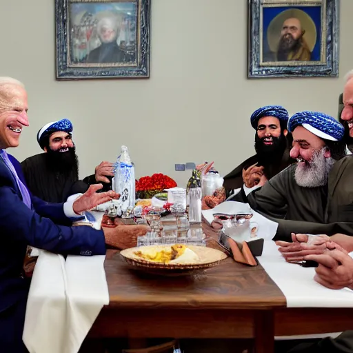 Image similar to 4 k hdr portrait wide angle photo of president joe biden laughing at a dinner table meeting surrounded by taliban terrorist leaders