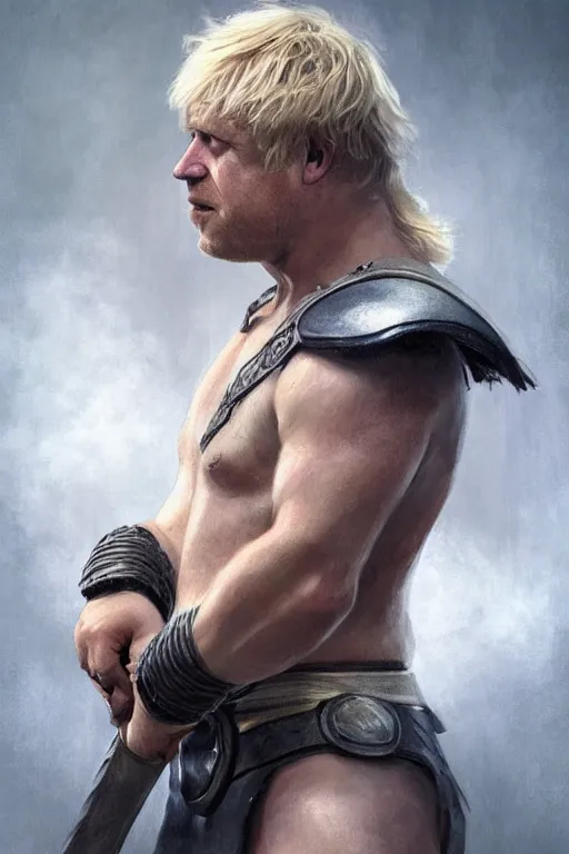 Prompt: Boris Johnson as Thor barehand, Boris Johnson hairstyle, full body realistic portrait, highly detailed, muscular body, digital painting, artstation, concept art, smooth, sharp focus, illustration, cinematic lighting, art by artgerm and greg rutkowski and alphonse mucha