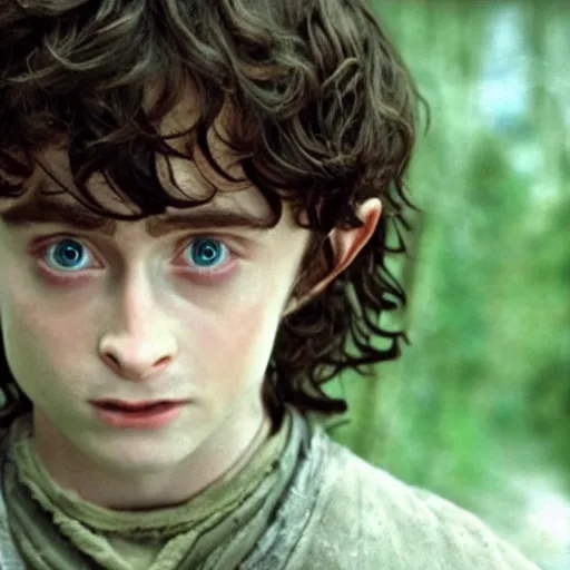 Prompt: Film still of a young Daniel Radcliffe as Frodo in Lord of the Rings: The Return of the King, wide shot, small eyes