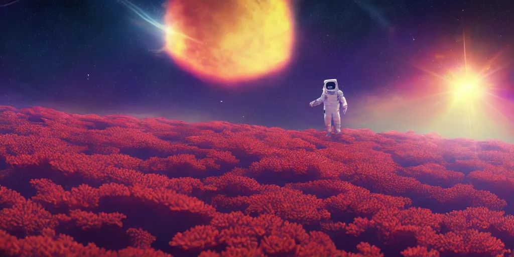 Image similar to astronaut walks in a field of colorful corals on the surface of a far away planet. universe in the background. wallpaper relaistic cgi 4 k lens flare cinematic color grading