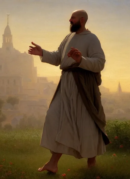 Prompt: oil painting portrait of a tonsured dominican monk in a white and brown habit, striding dancing through a flourishing garden at sunset with a monastery in the background, hazy, digital art, chiaroscuro, artstation, cinematic, golden hour, digital art painting by greg rutkowski, william - adolphe bouguereau, hazy atmosphere, flowers, cinematic lighting