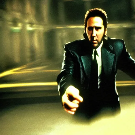 Prompt: Nicolas Cage playing Neo in The Matrix, film still, photo